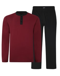 Bigdude Contrast Grandad Long Sleeve Pyjama Set Burgundy/Black