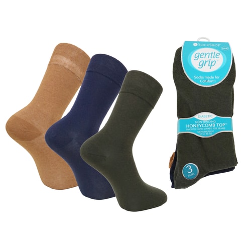 Big Foot Diabetic Gentle Grip Socks 3 Pack Ochre/Navy/Green