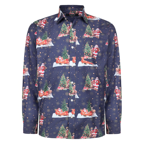 Bigdude Cut Away Collar Christmas AOP Long Sleeve Shirt Navy