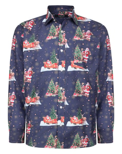 Bigdude Cut Away Collar Christmas AOP Long Sleeve Shirt Navy