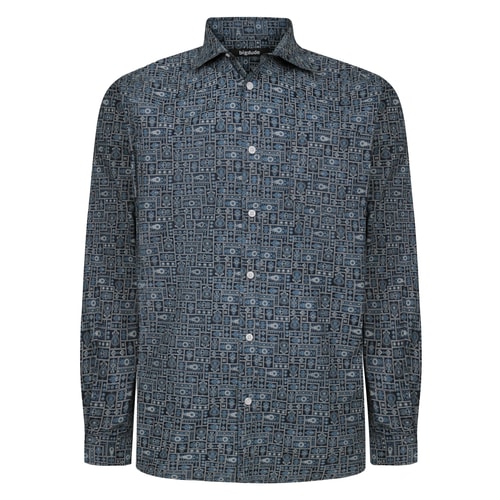Bigdude Ornamental Print Long Sleeve Poplin Shirt Navy