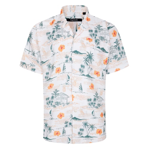 Bigdude Relaxed Collar Palm Oasis Short Sleeve Shirt White