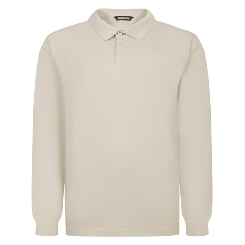 Bigdude Concealed Button Placket Long Sleeve Polo Stone