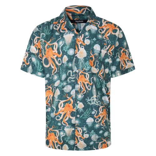 Bigdude Relaxed Collar Octopus Print Short Sleeve Shirt Dark Green Tall