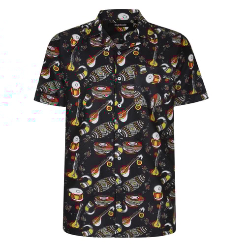 Bigdude Relaxed Collar All Over Musical Instruments Print Woven Short Sleeve Shirt Black Tall