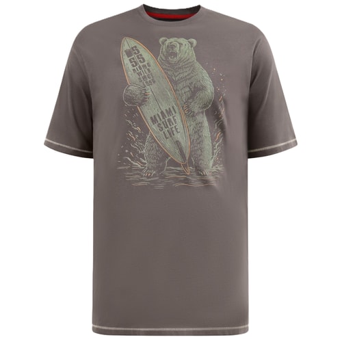 D555 Austin Surfing Bear Printed T-Shirt Khaki