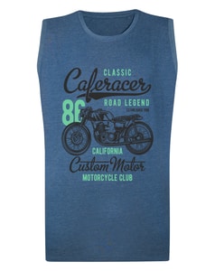 Bigdude Vintage Motorcycle Club Print Sleeveless T-Shirt Denim Marl