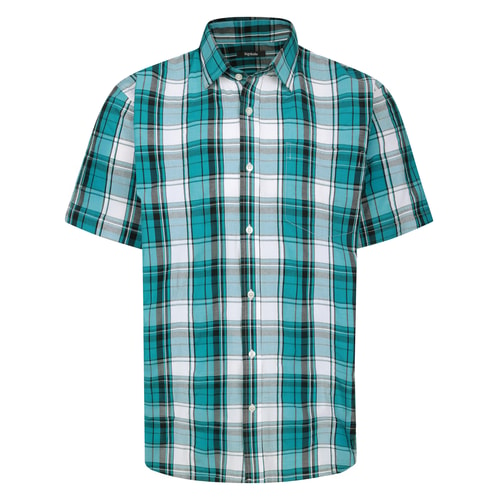 Bigdude Cut Away Collar Checked Short Sleeve Poplin Shirt Teal