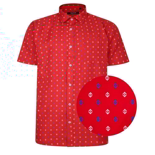 Bigdude All Over Abstract Print Woven Short Sleeve Shirt Red White
