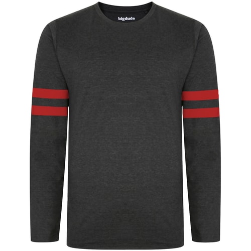 Bigdude Long Sleeve T-Shirt With Dual Arm Stripe Charcoal/Red