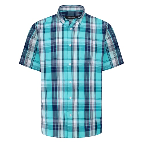 Bigdude Button Down Collar Checked Short Sleeve Poplin Shirt Blue