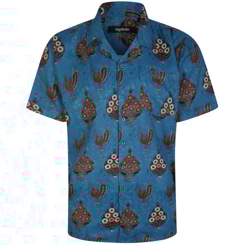 Bigdude Relaxed Collar Peacock Print Short Sleeve Shirt Denim Tall