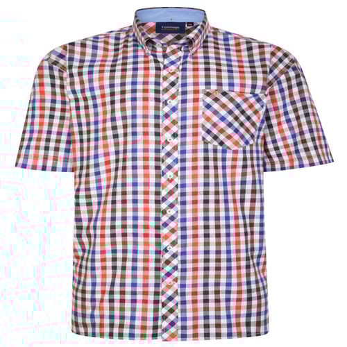 Espionage Short Sleeve Check Shirt Royal/Brown/Orange