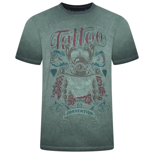 KAM Cool Dye Washed Tattoo Print T-Shirt Dark Sea