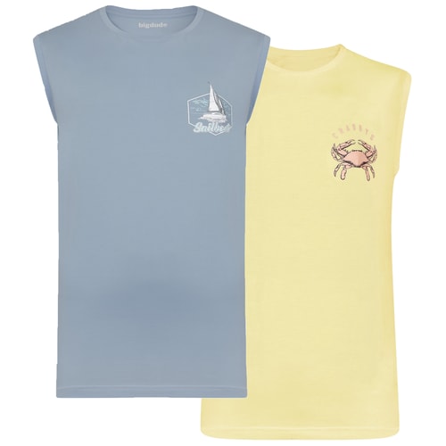 Bigdude Twin Pack Small Print Sleeveless T-Shirt Yellow/Light Blue
