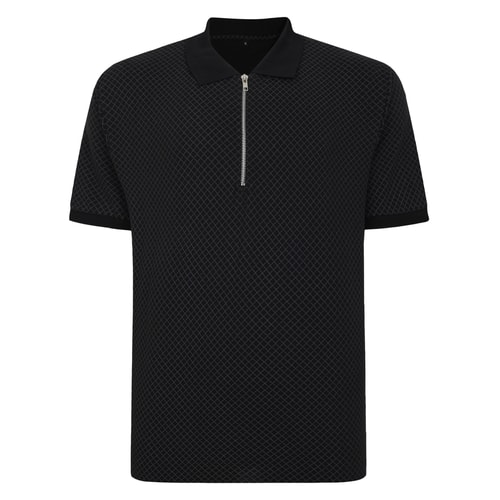 Bigdude Zipped Geometric Polo Shirt Black Tall