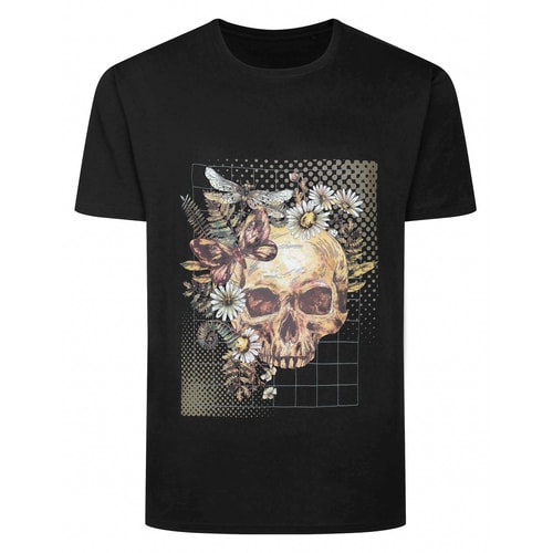 Bigdude Floral Skull Print T-Shirt Black