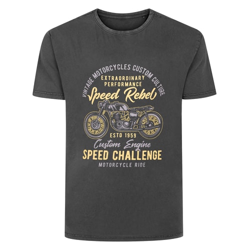 Bigdude Acid Washed Speed Rebel Print T-Shirt Washed Black Tall