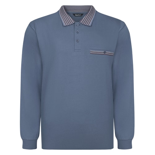 Bigdude Heavy Jersey Contrast Collar Long Sleeve Polo Dusty Blue