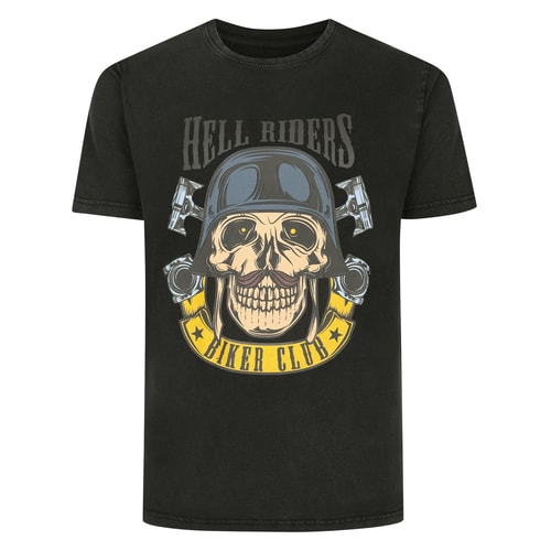 Bigdude Hell Rider Print Short Sleeve Acid Wash T-Shirt Washed Black