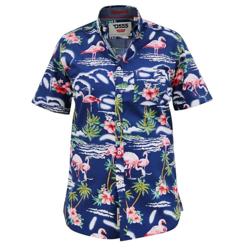 D555 Durham Flamingo Hawaiian Print Short Sleeve Shirt Blue