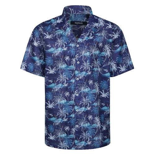 Bigdude Palm Trees Relaxed Collar Short Sleeve Shirt Navy Tall