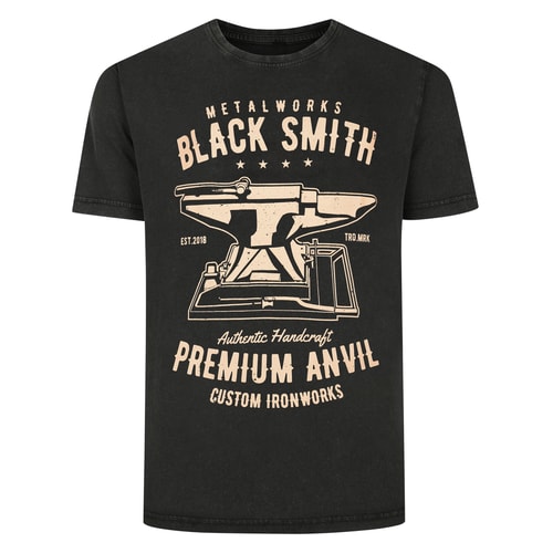 Bigdude Blacksmith Acid Wash Printed T-Shirt Washed Black Tall