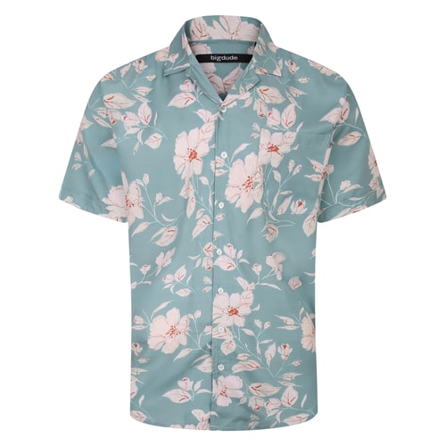 Bigdude Relaxed Collar Flower Print Short Sleeve Shirt Light Green Tall