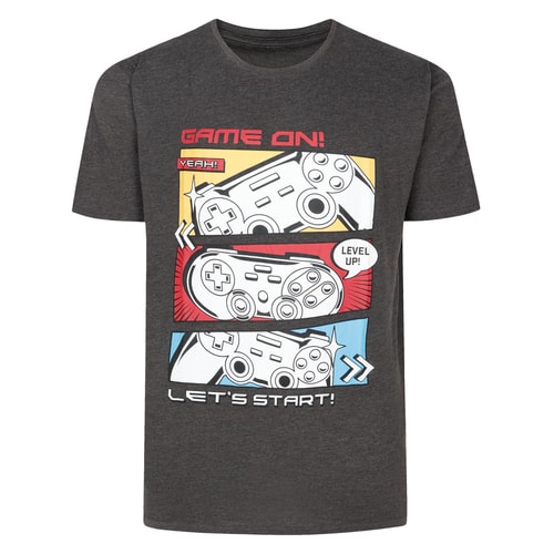 Bigdude Game On Print T-Shirt Charcoal Marl Tall
