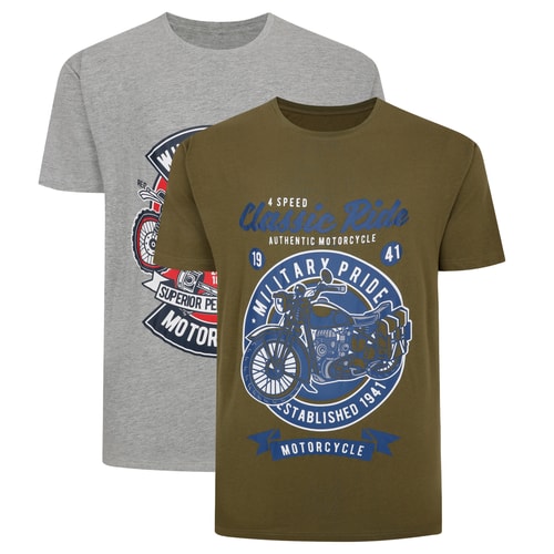 Bigdude Bike Print Twin Pack T-Shirts Khaki/Grey Marl