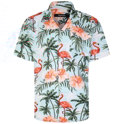 Bigdude Relaxed Collar Flamingo Print Short Sleeve Shirt Light Blue Tall