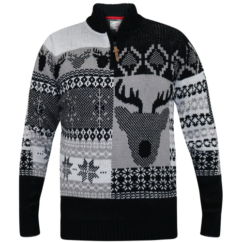 D555 Icicle 1/4 Zip Stag Print Christmas Jumper Black