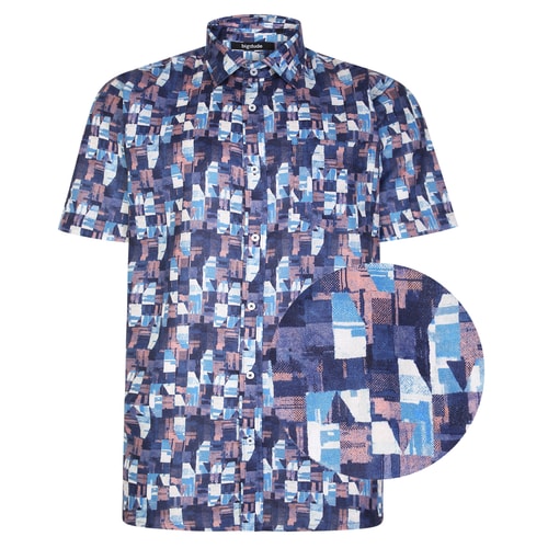 Bigdude All Over Abstract Print Woven Short Sleeve Shirt Navy Coral Tall
