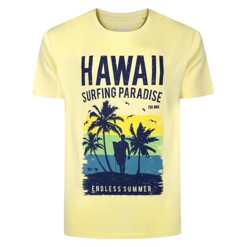 Bigdude Hawaii Surfing Paradise Print T-Shirt Pale Yellow