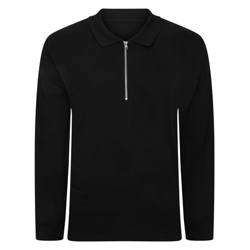 Bigdude Smart Single Jersey Long Sleeve Polo With Zip Black