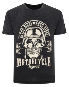 Bigdude Acid Wash Skull Print T-Shirt Washed Black