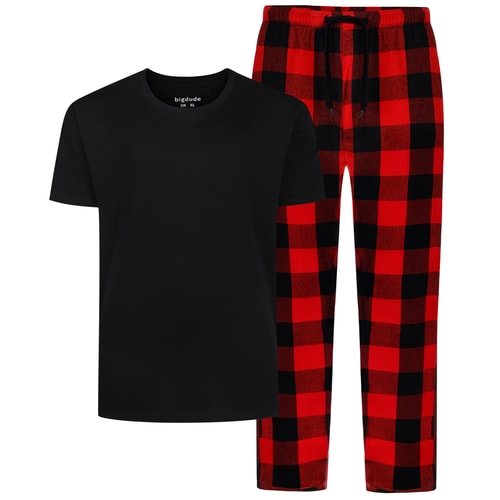 Bigdude Cosy Short Sleeve T-Shirt Checked Pants PJ Set Black/Red