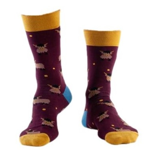 Doris & Dude Highland Cow Print Socks Burgundy