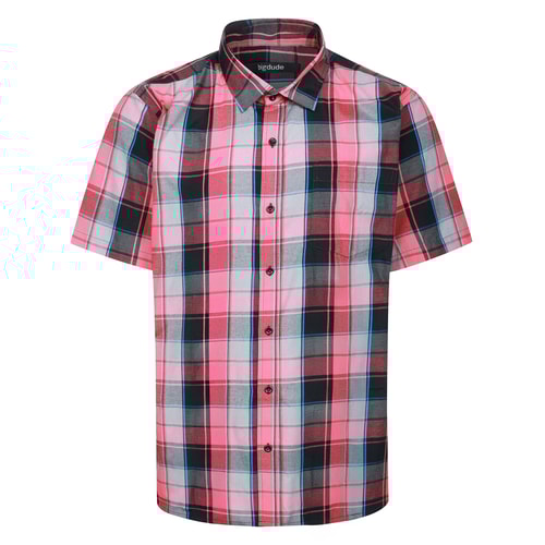 Bigdude Open Collar Checked Short Sleeve Poplin Shirt Red Tall