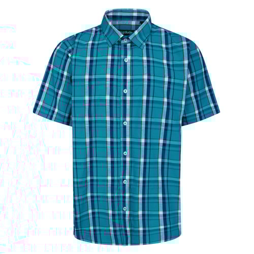 Bigdude Open Collar Checked Short Sleeve Poplin Shirt Teal