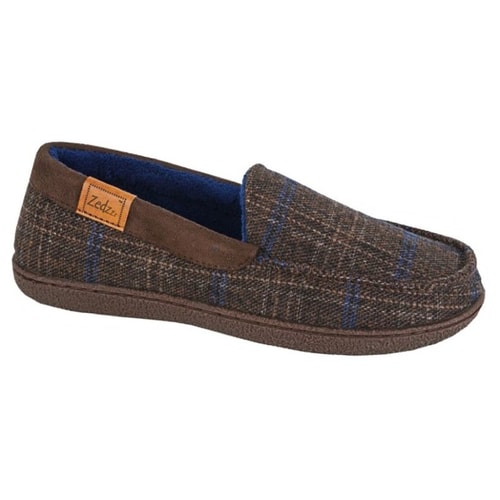 Zedzzz NEVILLE Tweed Textile Moccasin Style Slippers Brown