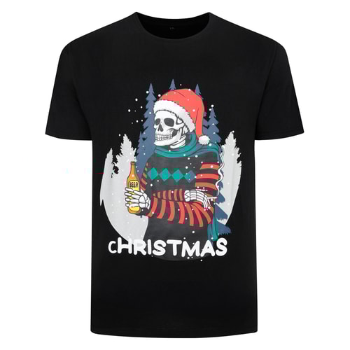 Bigdude Festive Christmas Skeleton Print T-Shirt Black