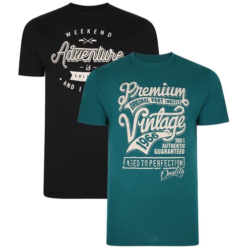Bigdude 2 Pack Vintage/Weekend Print T-Shirts Black/Deep Green