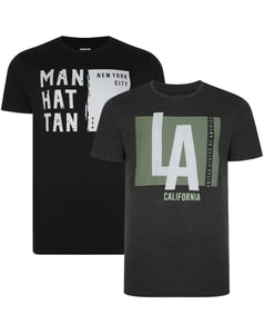 Bigdude 2 Pack American States Print T-Shirt Black/Charcoal