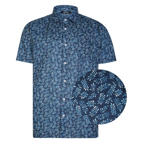 Bigdude All Over Leaf Print Woven Short Sleeve Shirt Blue
