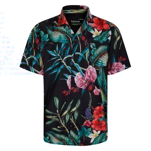 Bigdude Relaxed Collar Flower Print Short Sleeve Shirt Black
