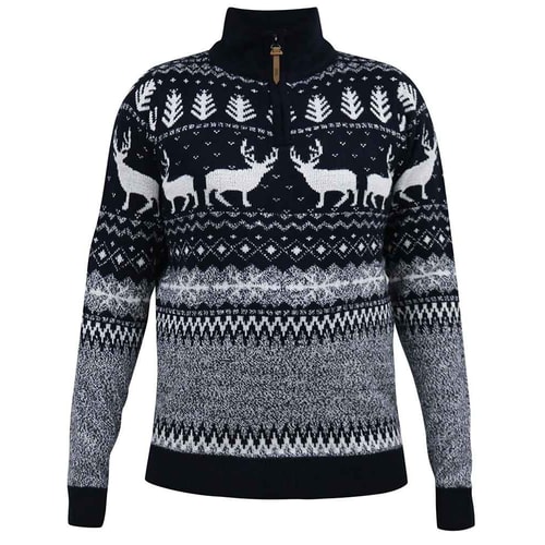 D555 Prancer Zip Neck Stag Xmas Sweater Navy/White