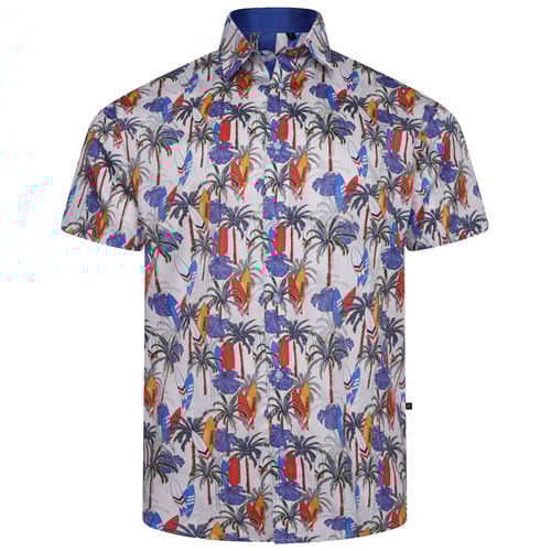 KAM Palm Tree & Surf Boards Shirt White
