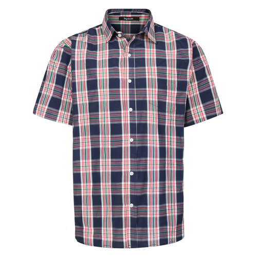Bigdude Cut Away Collar Checked Short Sleeve Poplin Shirt Navy