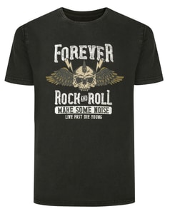 Bigdude Forever Rock and Roll Print T-Shirt Washed Black Tall